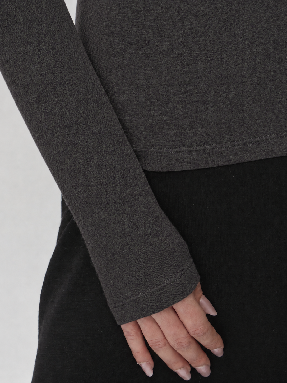 Blouse with Shoulder Pleats in Darfo 1201 Caffe – sleeve and cuff detail, Merino wool texture – ELISE GUG