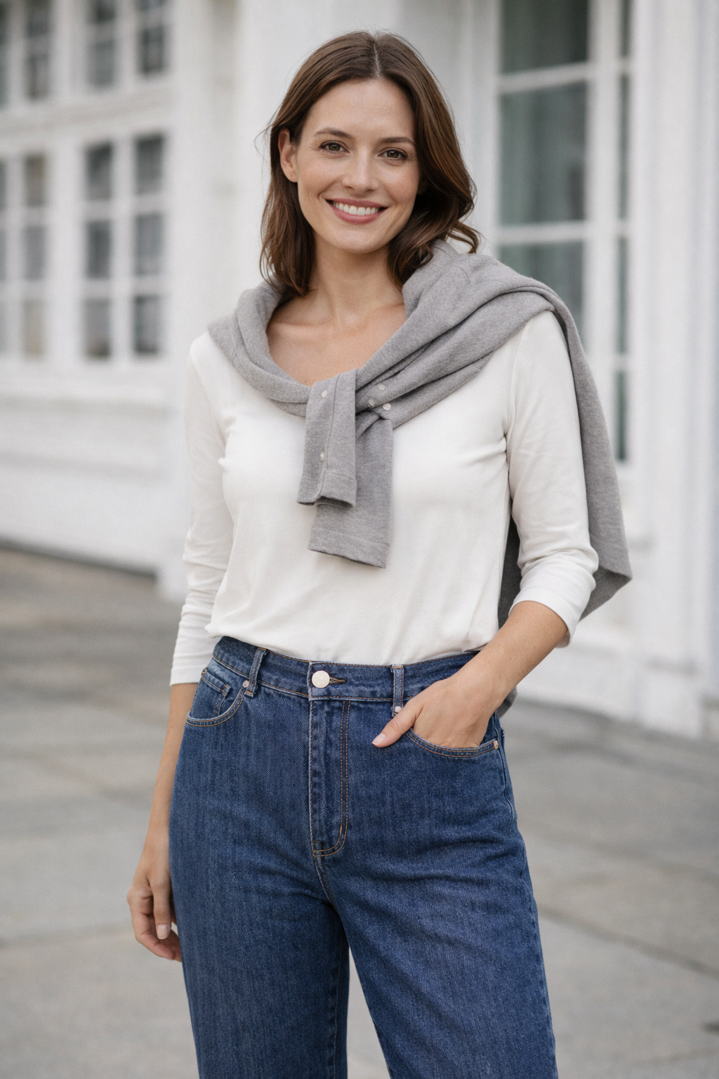 ELISE GUG Nilo White square neck top style 1194 – front view styled with jeans